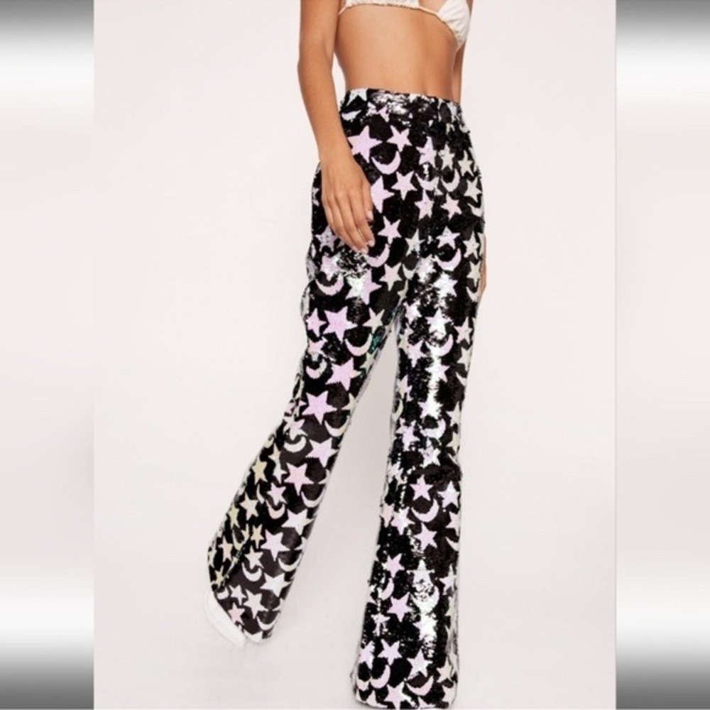 Nasty Gal Star Moon Sequin Flare Pants Black Iridescent Celestial festival boho